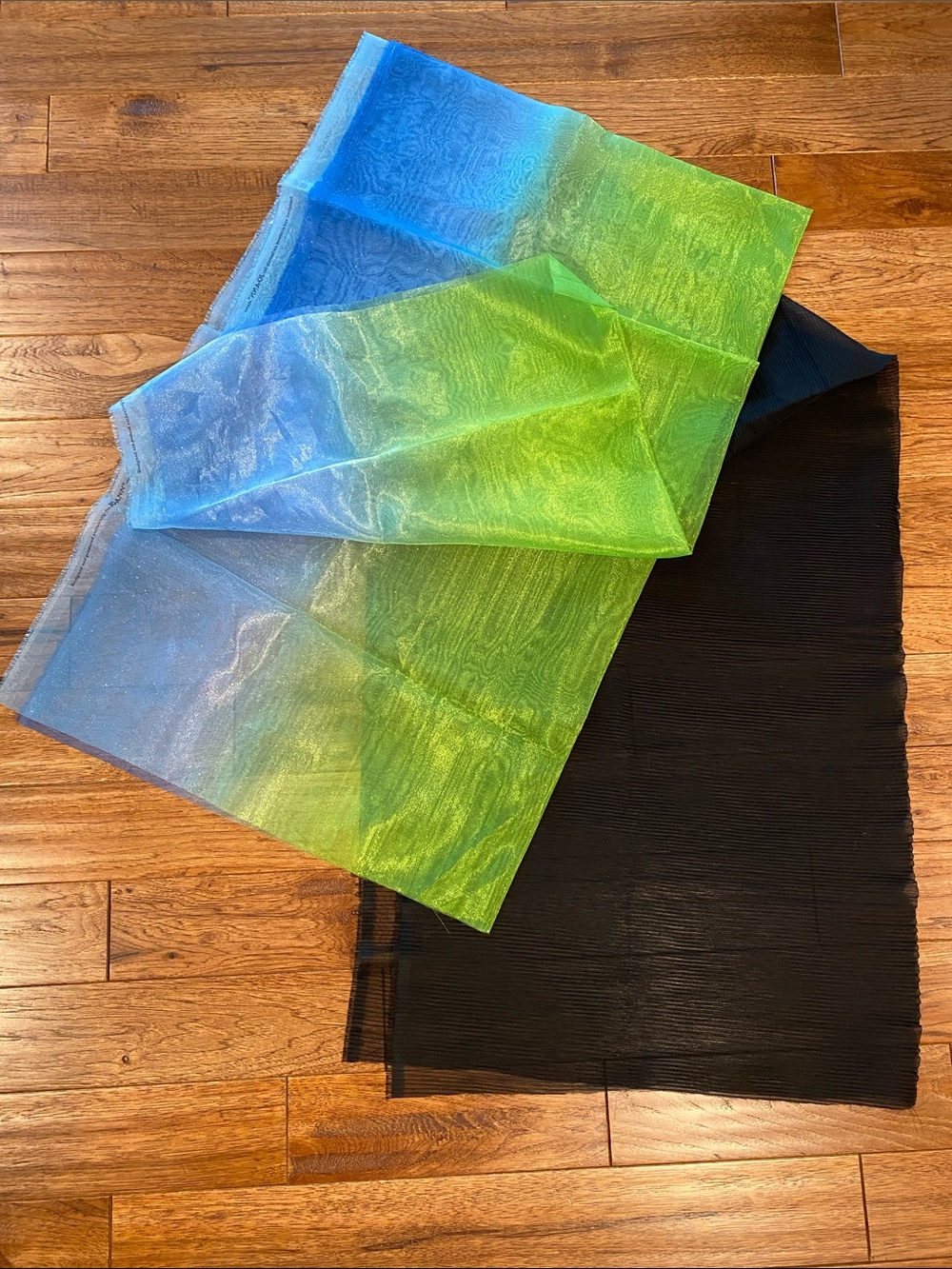 Iridescent Blue-Green Organza Fabric Panel with Black Ribbed Fabric Bundle